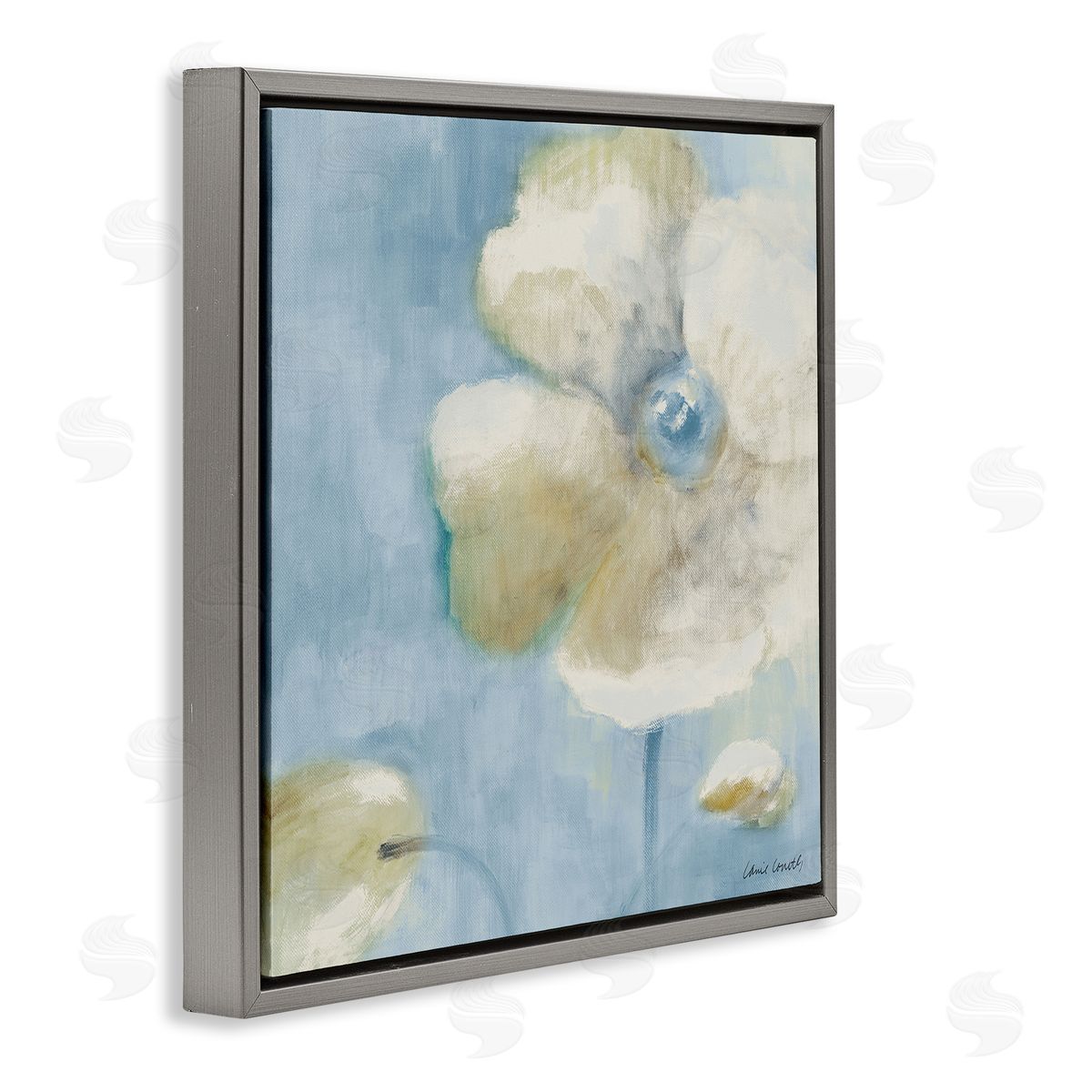 White Blossom on Blue Grey Floating Frame Canvas Wall Art, Home Decor by Lanie Loreth