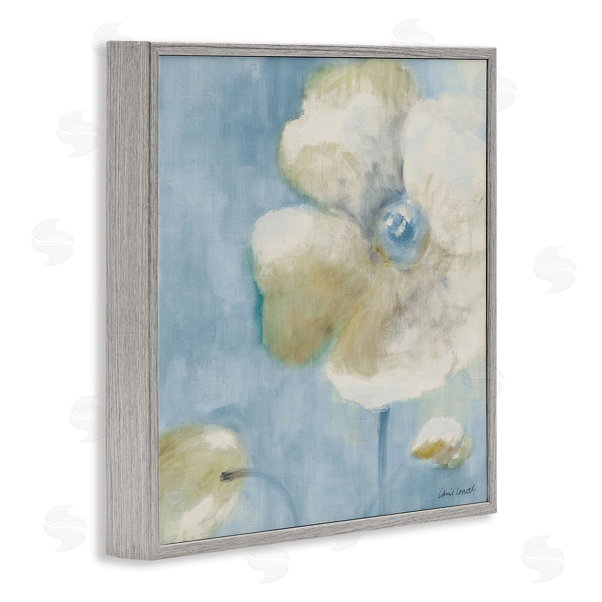 White Blossom on Blue Grey Frame Print Wall Art, Home Decor by Lanie Loreth
