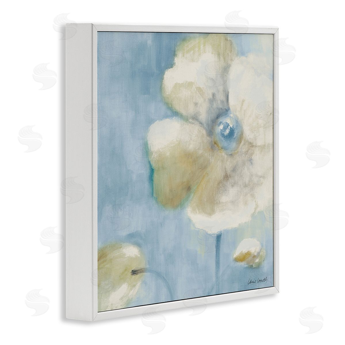 White Blossom on Blue White Frame Print Wall Art, Home Decor by Lanie Loreth