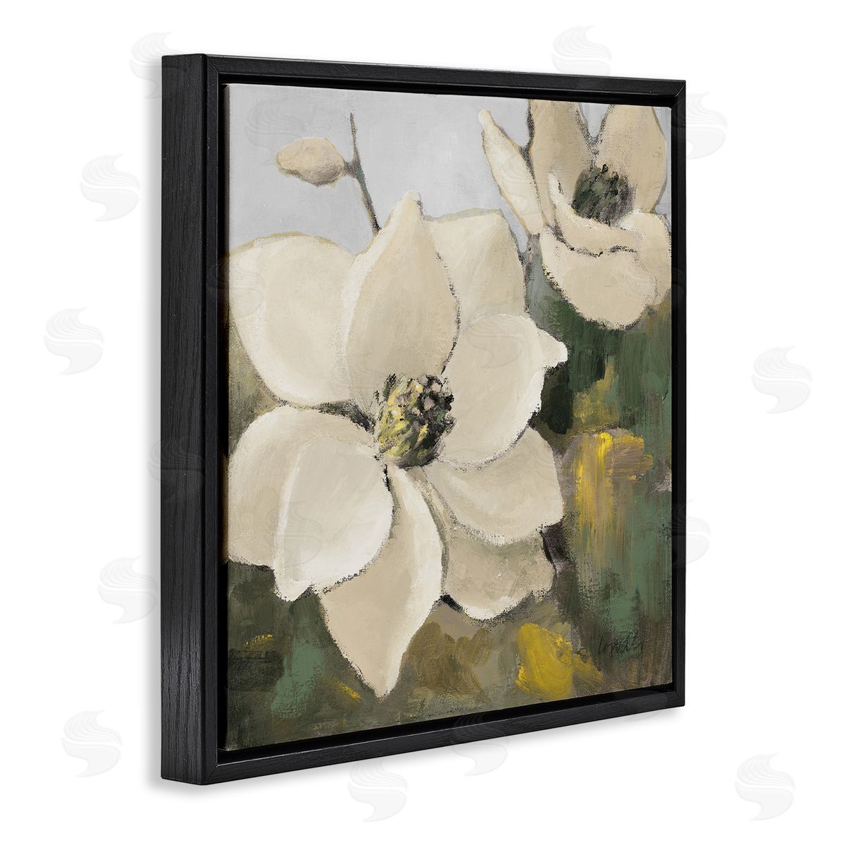 Two Magnolia Blossoms Black Floating Frame Canvas Wall Art, Home Decor by Lanie Loreth