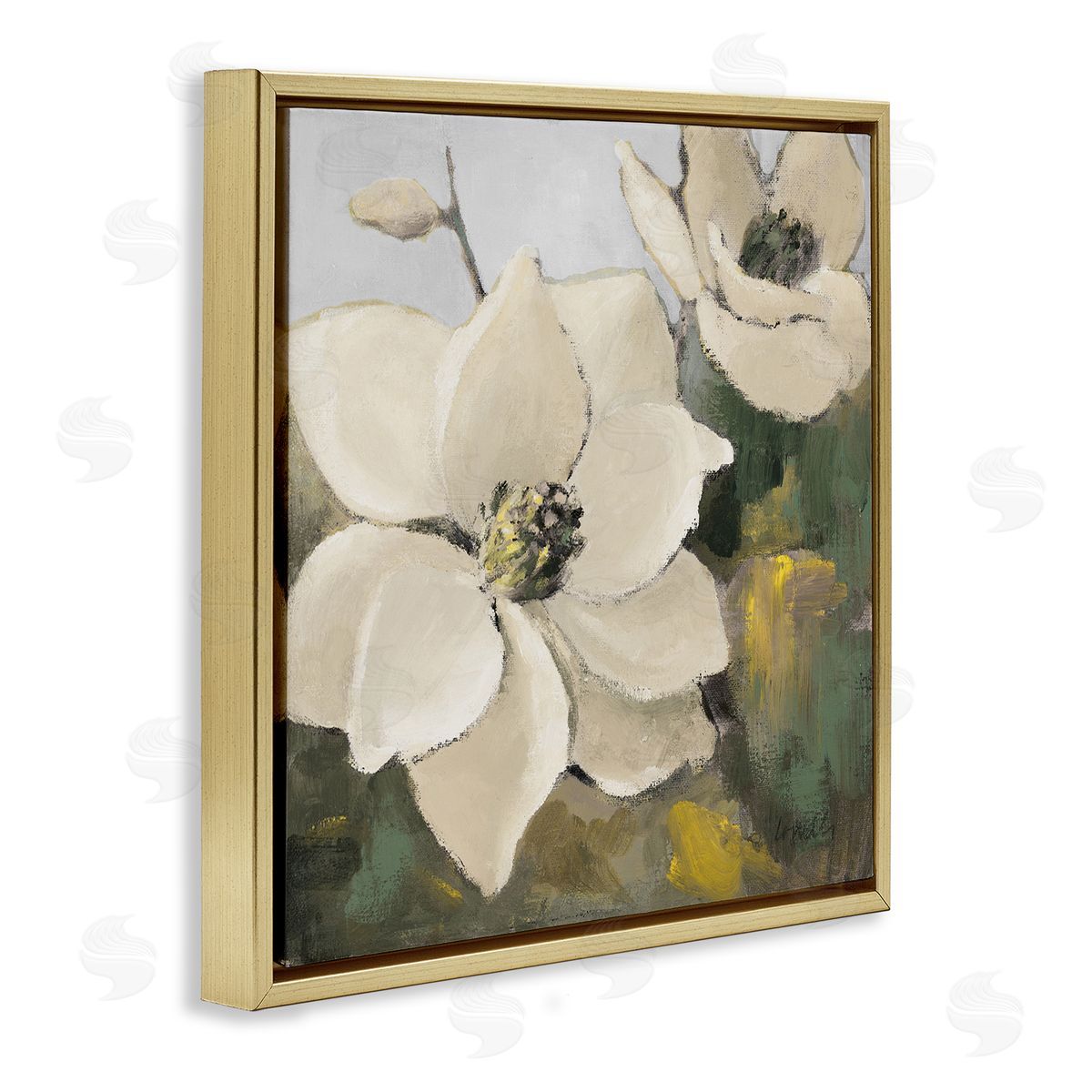 Two Magnolia Blossoms Gold Floating Frame Canvas Wall Art, Home Decor by Lanie Loreth