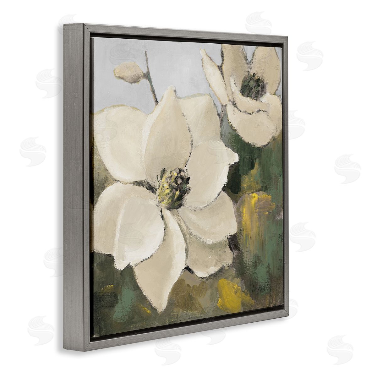Two Magnolia Blossoms Grey Floating Frame Canvas Wall Art, Home Decor by Lanie Loreth