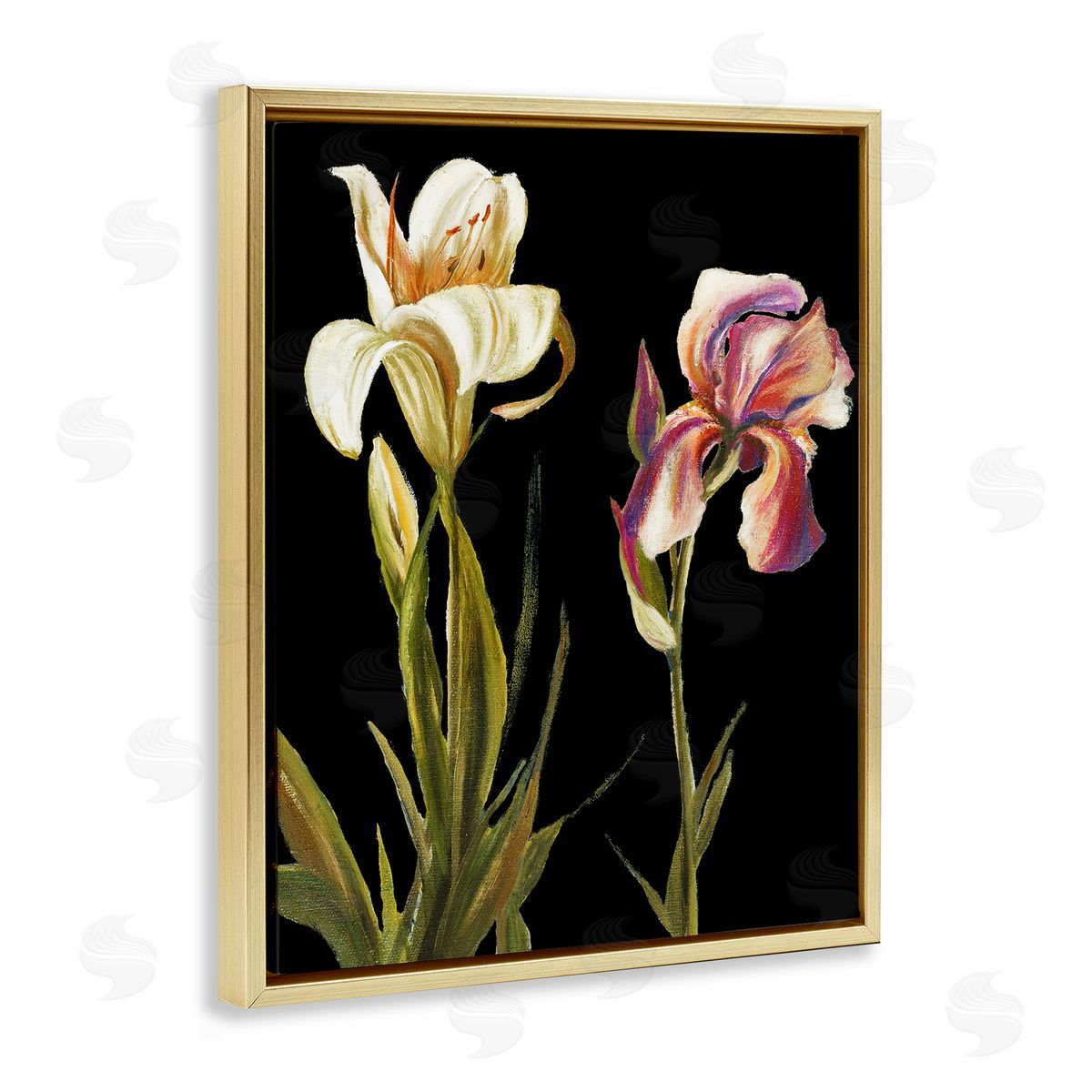 Alluring Iris Blooms Gold Floating Frame Canvas Wall Art, Home Decor by Patricia Pinto