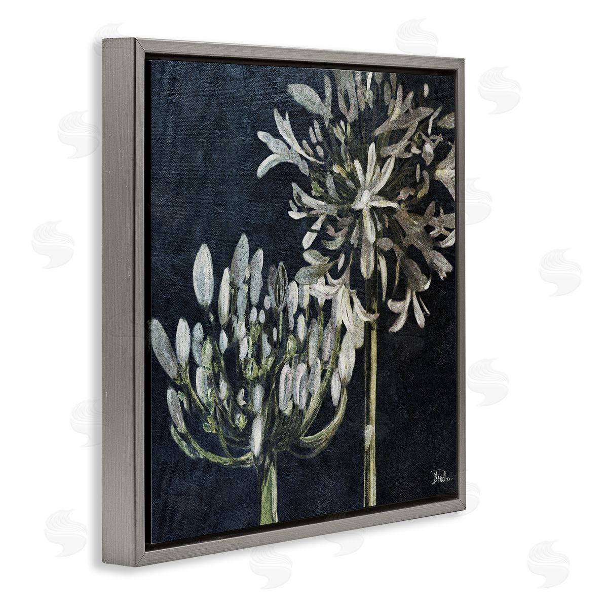 Blooming White Herbs Grey Floating Frame Canvas Wall Art, Home Decor by Patricia Pinto