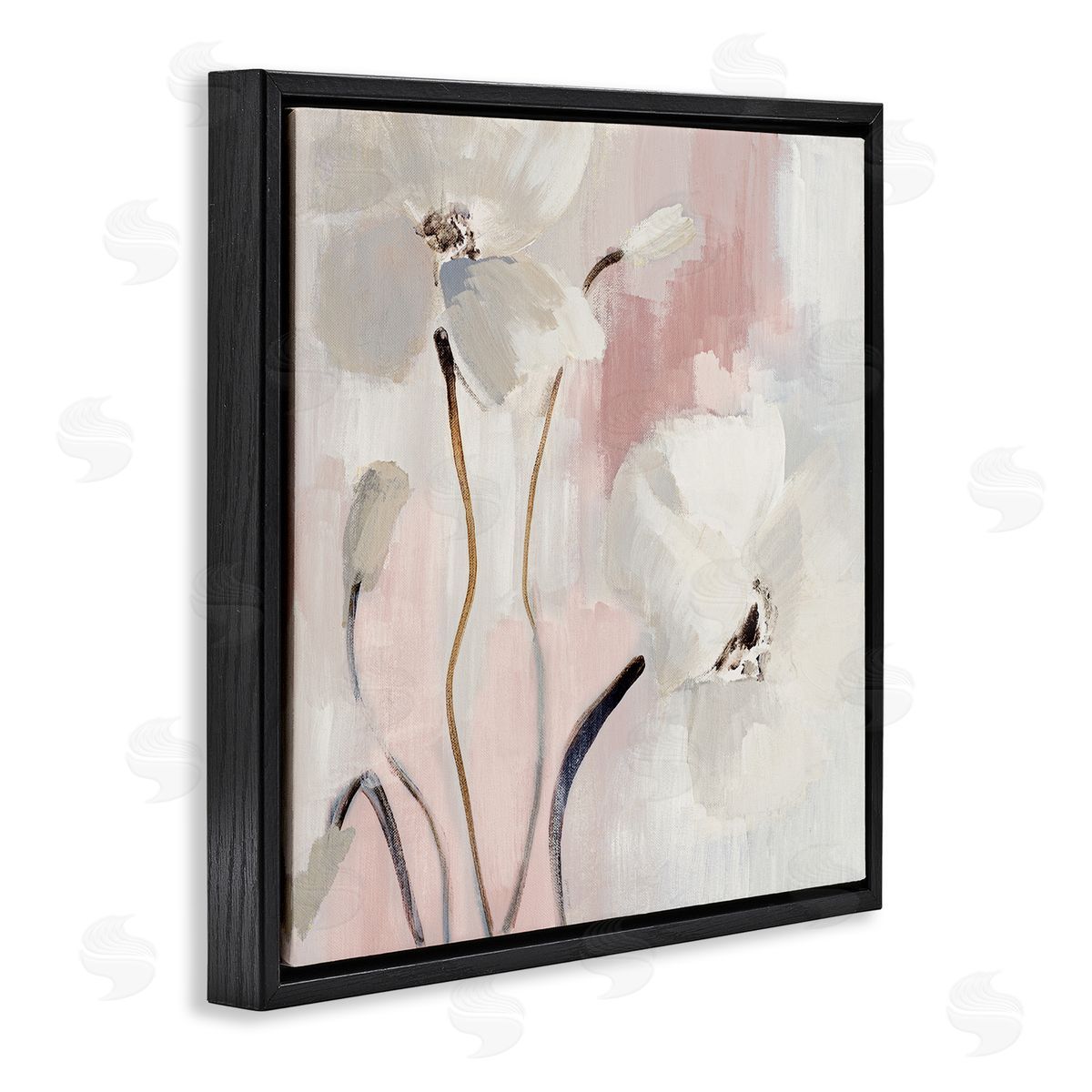 Abstract White Blooms Black Floating Frame Canvas Wall Art, Home Decor by Lanie Loreth
