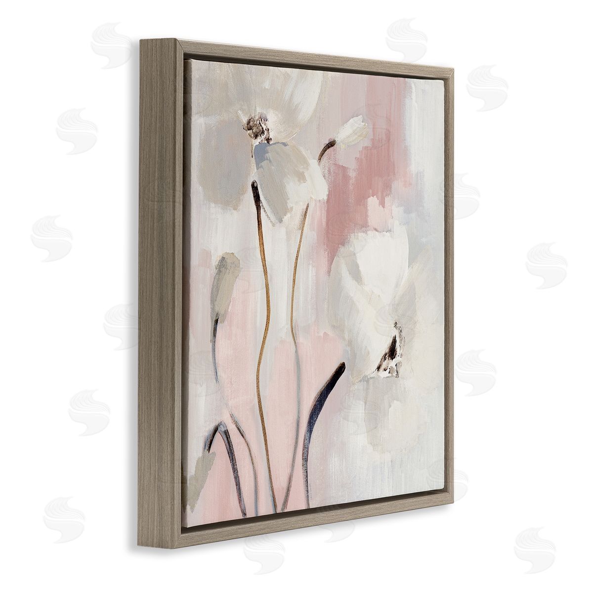 Abstract White Blooms Brown Floating Frame Canvas Wall Art, Home Decor by Lanie Loreth