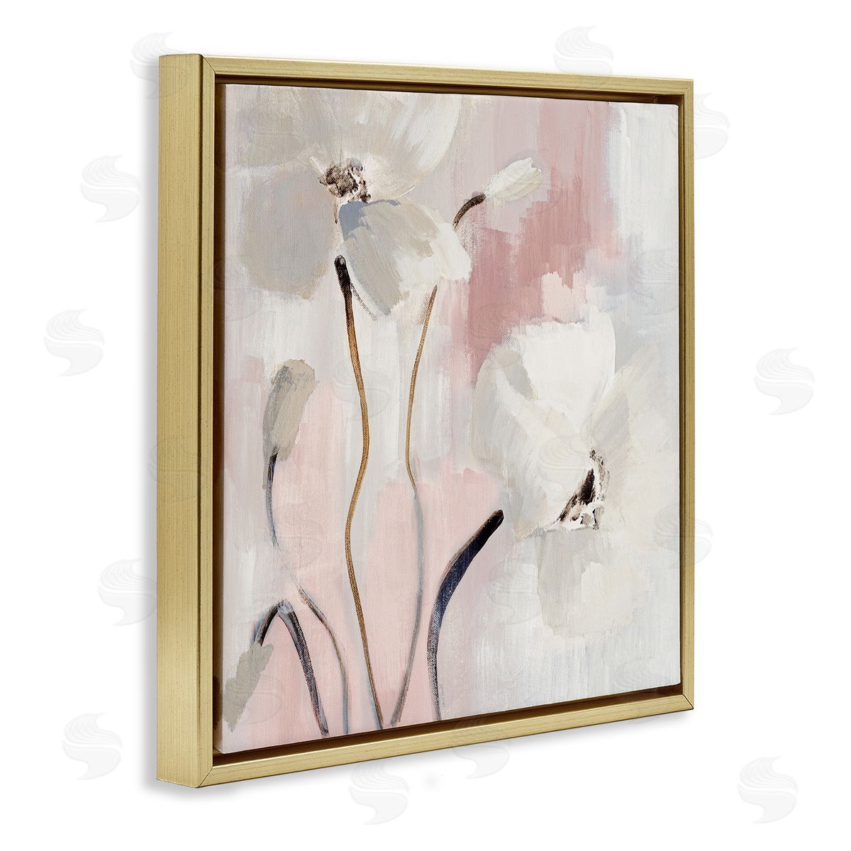 Abstract White Blooms Gold Floating Frame Canvas Wall Art, Home Decor by Lanie Loreth