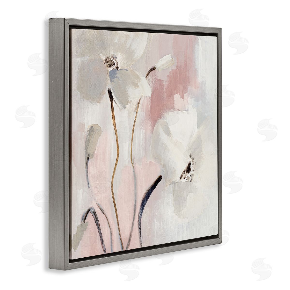 Abstract White Blooms Grey Floating Frame Canvas Wall Art, Home Decor by Lanie Loreth