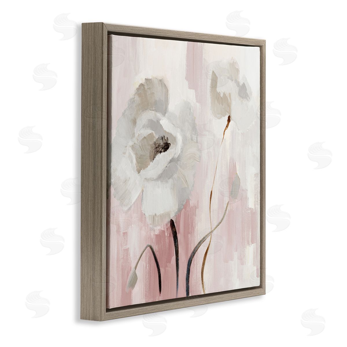 Abstract White Blossoms Brown Floating Frame Canvas Wall Art, Home Decor by Lanie Loreth