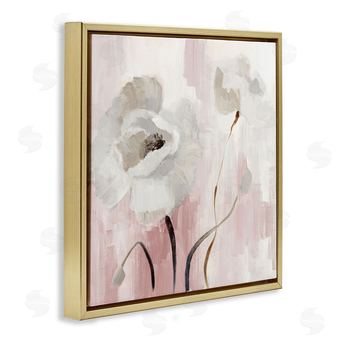 Abstract White Blossoms Gold Floating Frame Canvas Wall Art, Home Decor by Lanie Loreth