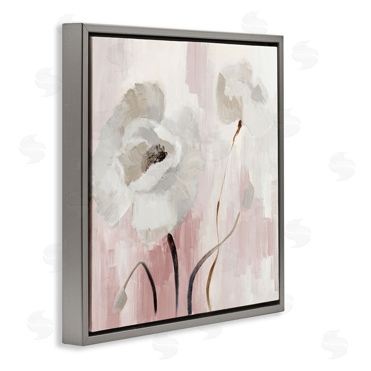 Abstract White Blossoms Grey Floating Frame Canvas Wall Art, Home Decor by Lanie Loreth