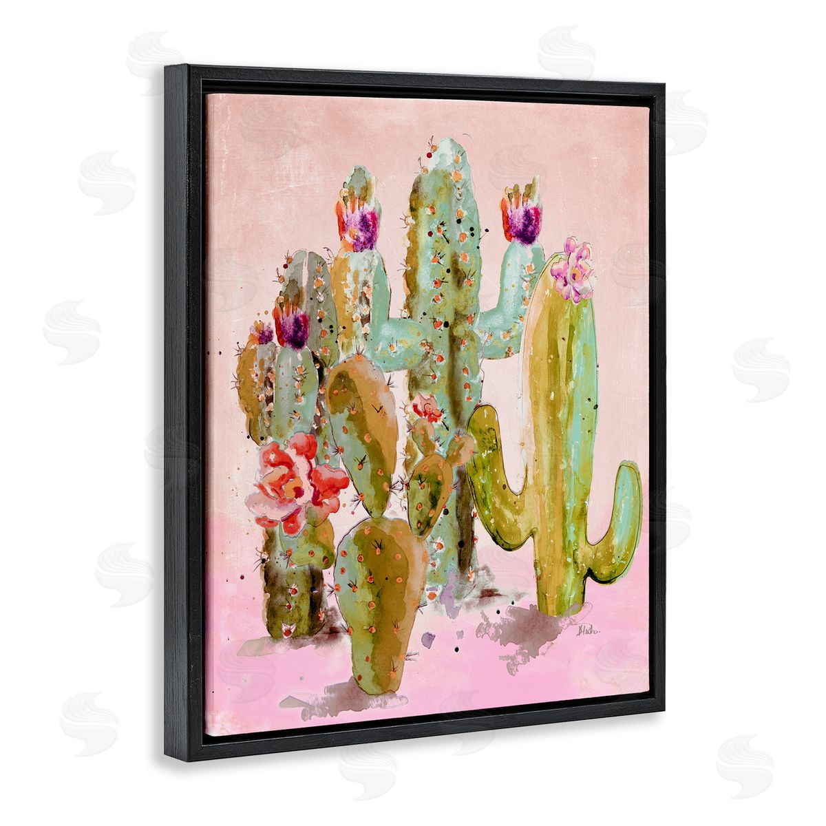 Fun Floral Cacti Black Floating Frame Canvas Wall Art, Home Decor by Patricia Pinto