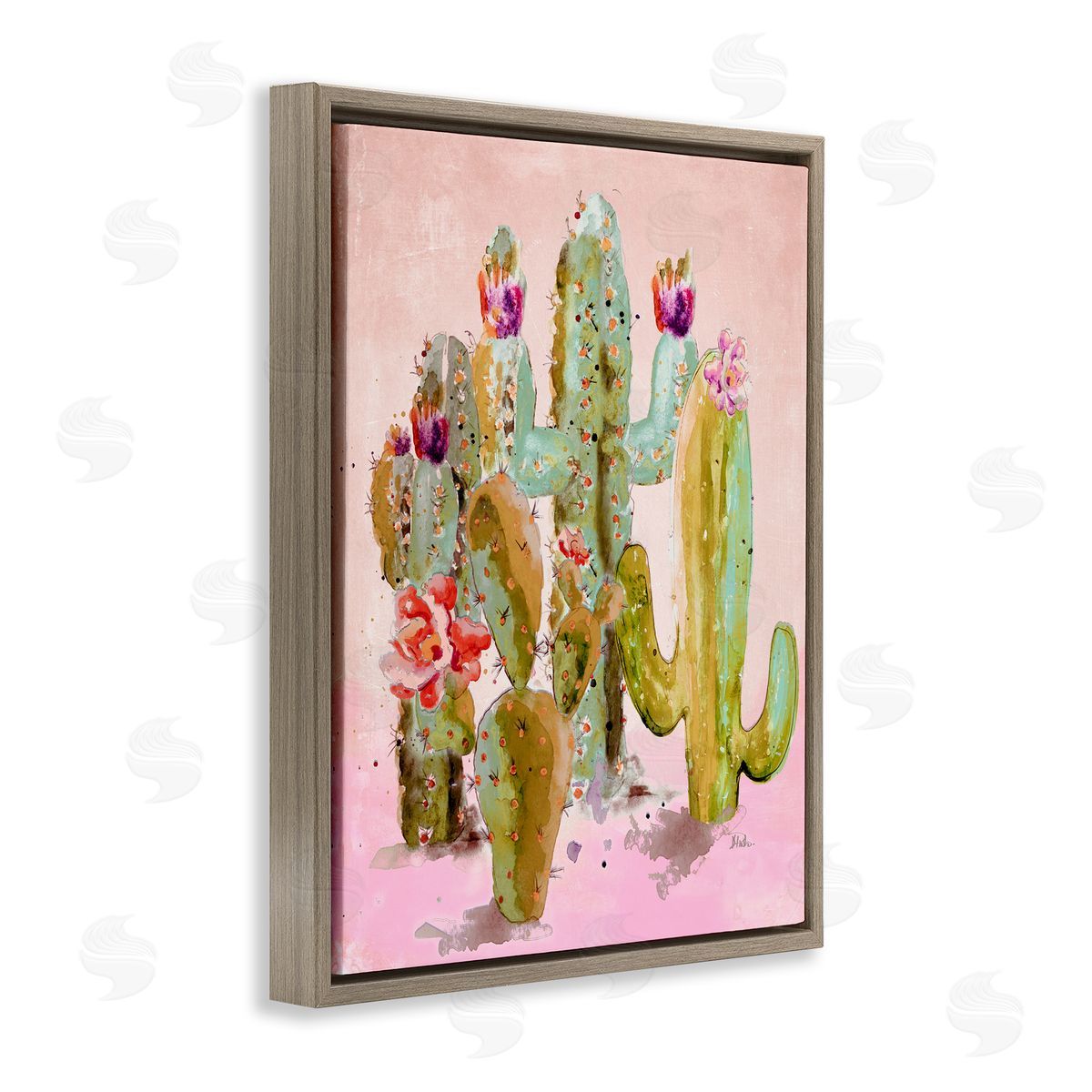 Fun Floral Cacti Brown Floating Frame Canvas Wall Art, Home Decor by Patricia Pinto