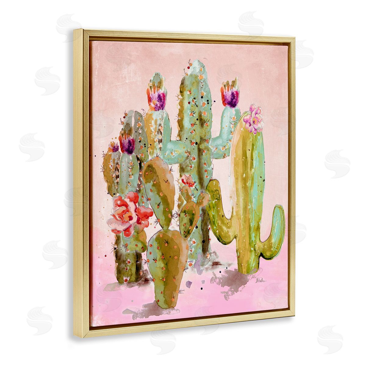 Fun Floral Cacti Gold Floating Frame Canvas Wall Art, Home Decor by Patricia Pinto