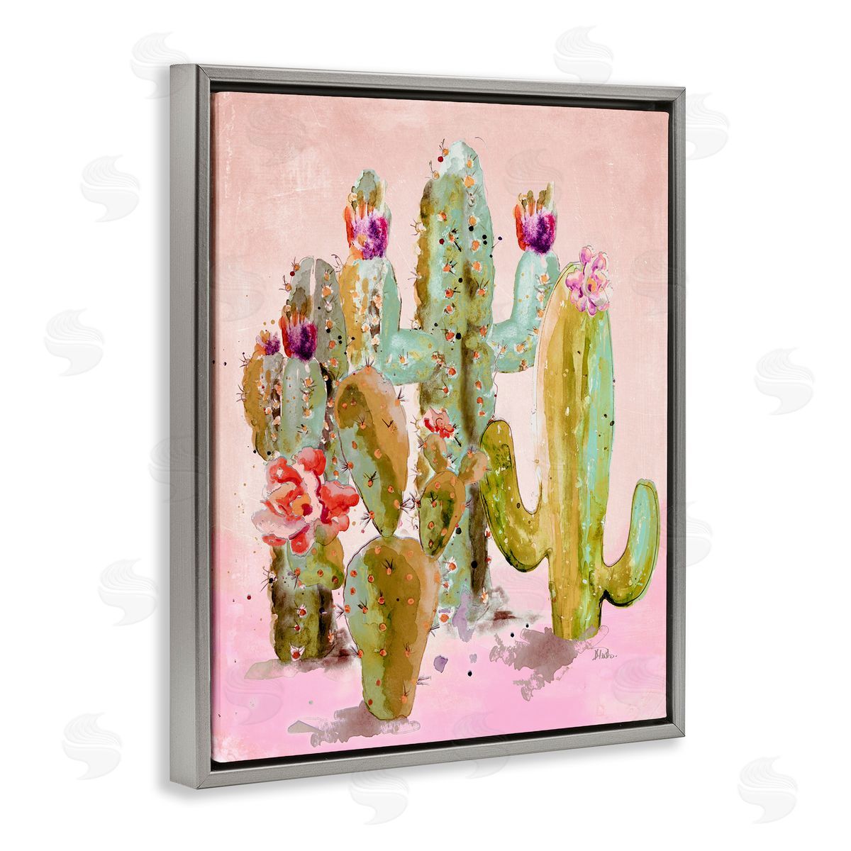 Fun Floral Cacti Grey Floating Frame Canvas Wall Art, Home Decor by Patricia Pinto