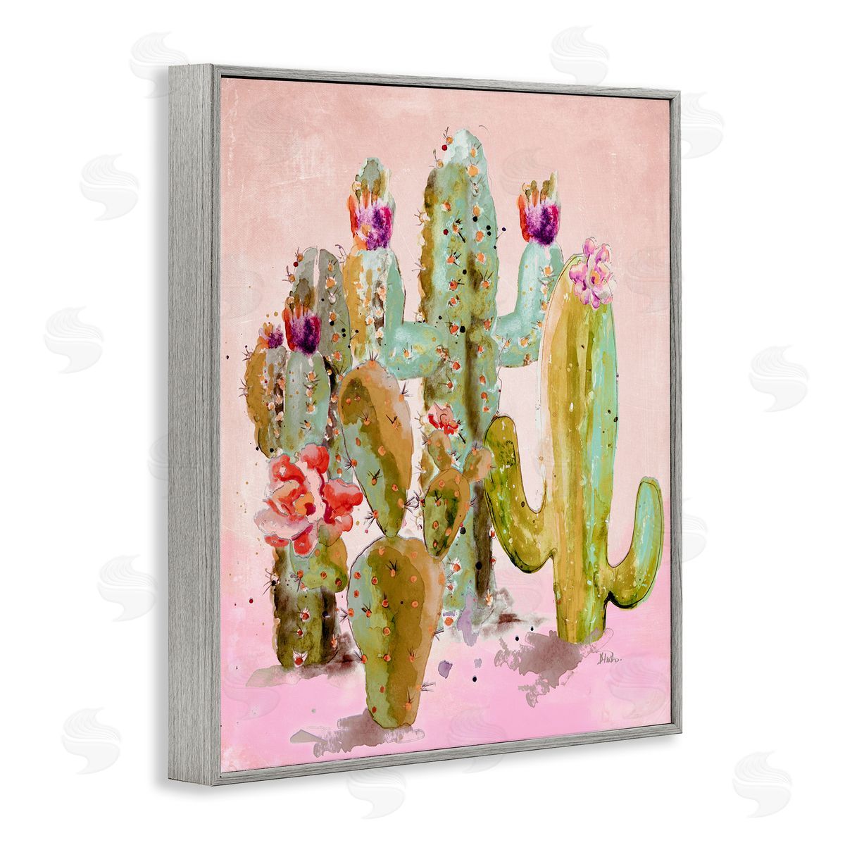 Fun Floral Cacti Grey Frame Print Wall Art, Home Decor by Patricia Pinto