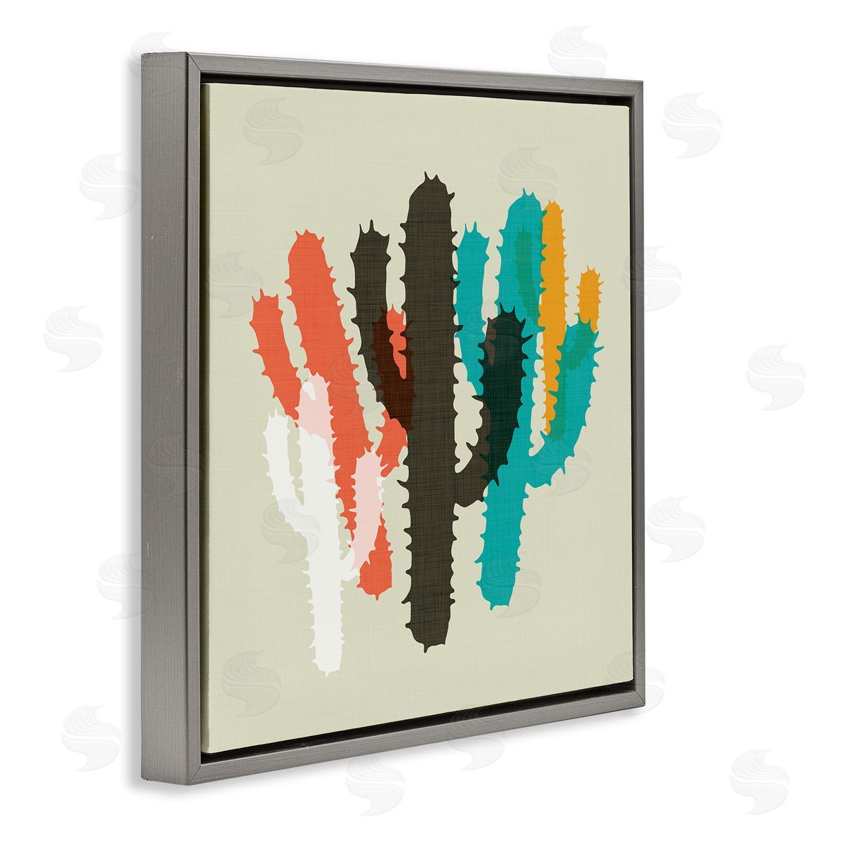 Overlapping Cactus Pattern Grey Floating Frame Canvas Wall Art, Home Decor by Sd Graphics Studio
