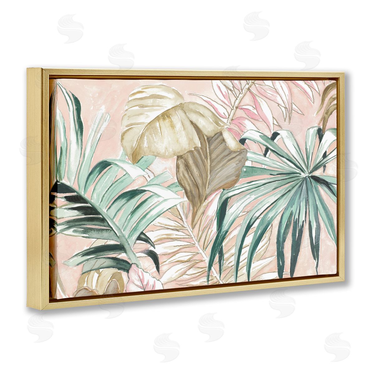 Soft Tropical Leaves Gold Floating Frame Canvas Wall Art, Home Decor by Patricia Pinto