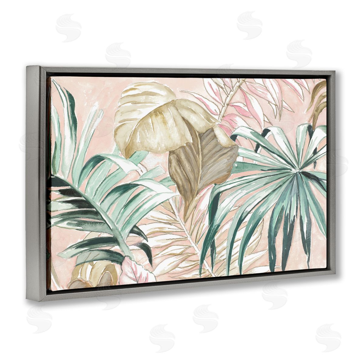 Soft Tropical Leaves Grey Floating Frame Canvas Wall Art, Home Decor by Patricia Pinto