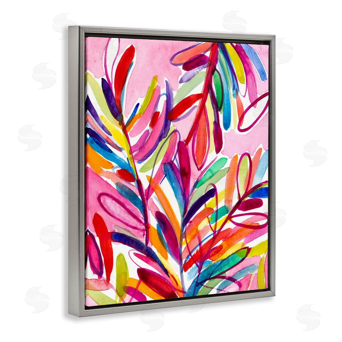 Bold Tropical Leaves Grey Floating Frame Canvas Wall Art, Home Decor by Lanie Loreth