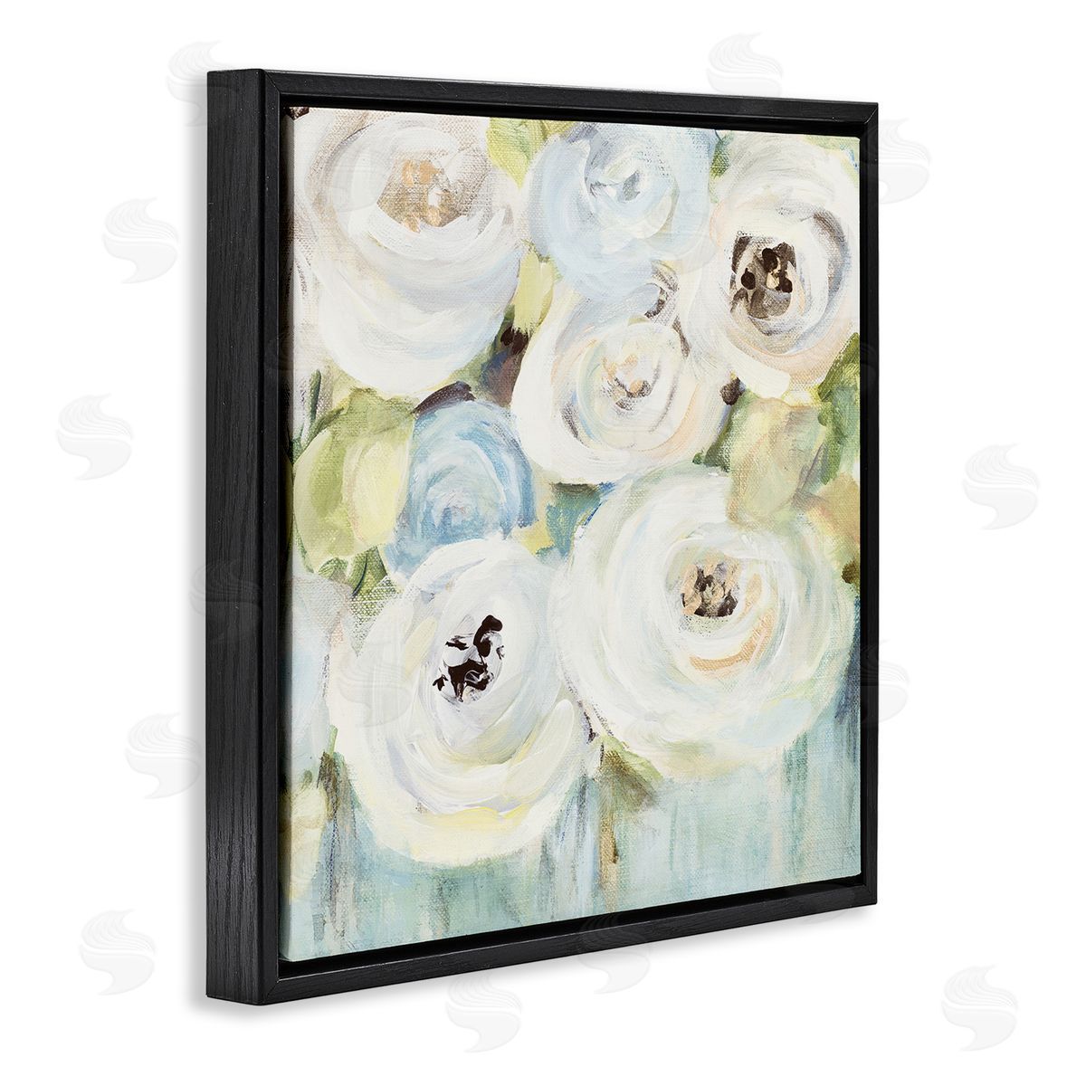 White Swirling Roses Black Floating Frame Canvas Wall Art, Home Decor by Lanie Loreth