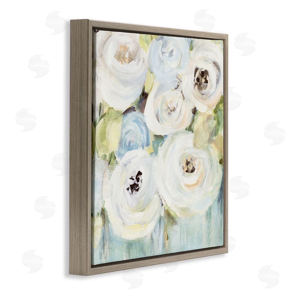 White Swirling Roses Brown Floating Frame Canvas Wall Art, Home Decor by Lanie Loreth
