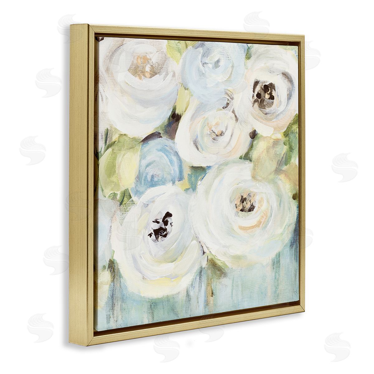 White Swirling Roses Gold Floating Frame Canvas Wall Art, Home Decor by Lanie Loreth