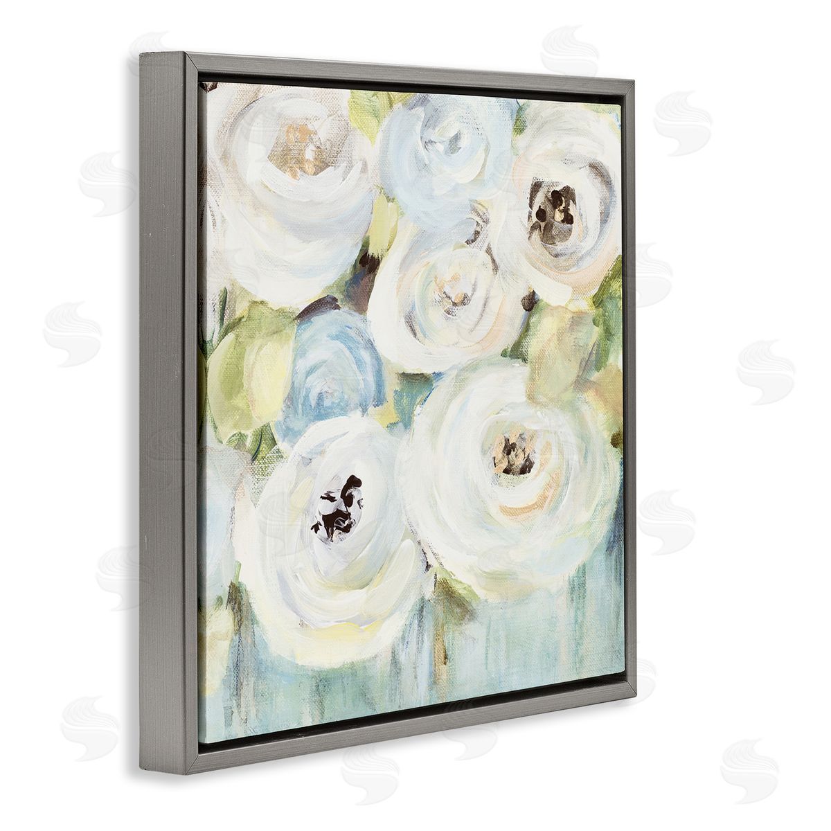 White Swirling Roses Grey Floating Frame Canvas Wall Art, Home Decor by Lanie Loreth
