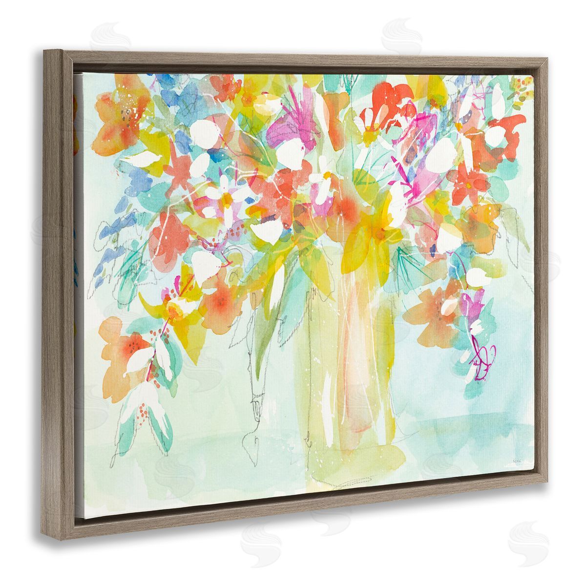 Bold Eclectic Bouquet Brown Floating Frame Canvas Wall Art, Home Decor by Krinlox