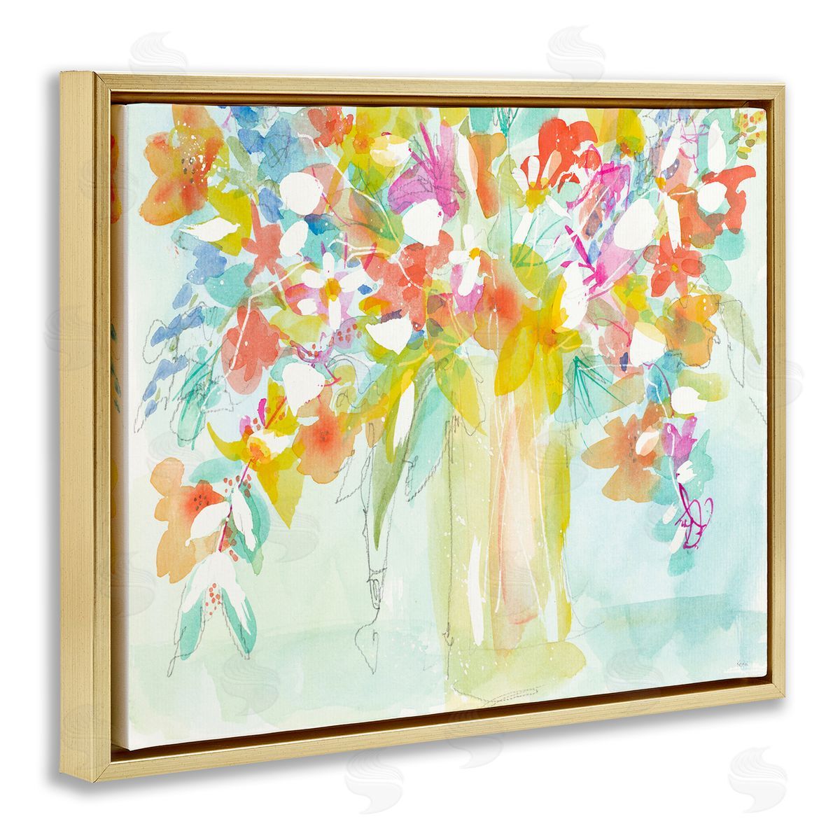 Bold Eclectic Bouquet Gold Floating Frame Canvas Wall Art, Home Decor by Krinlox