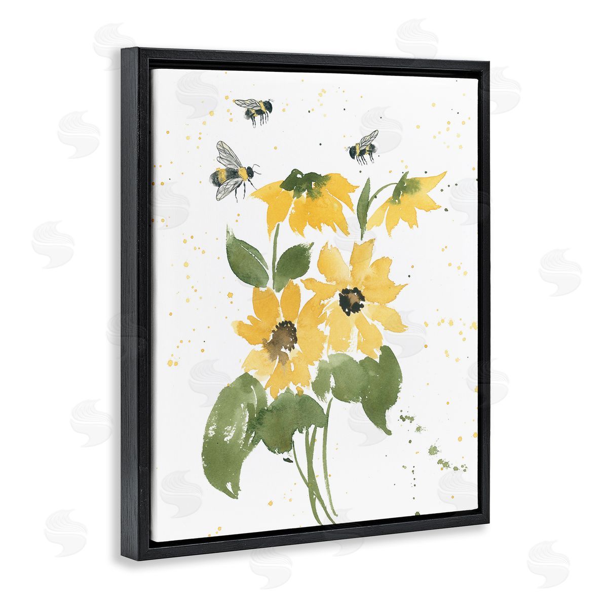 Bumble Bees and Daisies Black Floating Frame Canvas Wall Art, Home Decor by Lucille Price