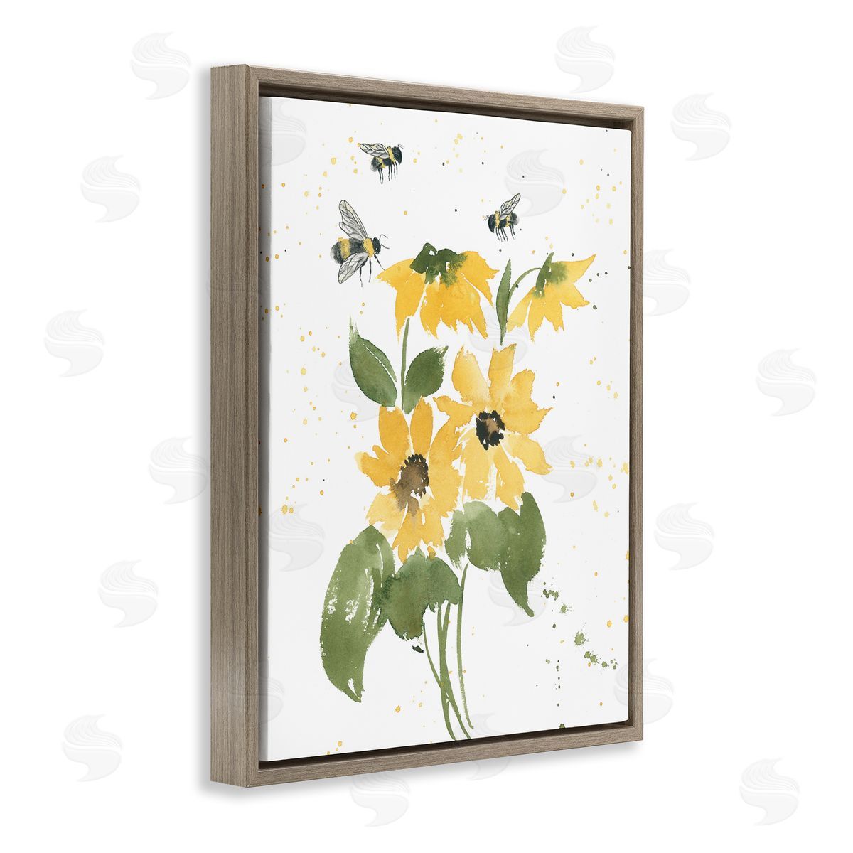 Bumble Bees and Daisies Brown Floating Frame Canvas Wall Art, Home Decor by Lucille Price