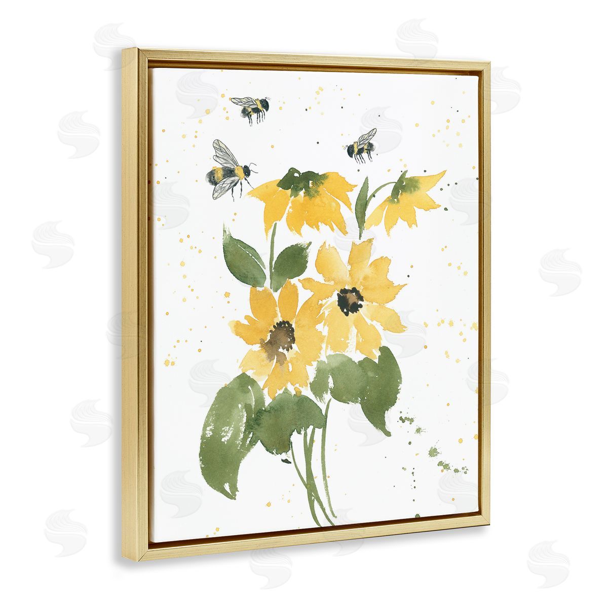 Bumble Bees and Daisies Gold Floating Frame Canvas Wall Art, Home Decor by Lucille Price