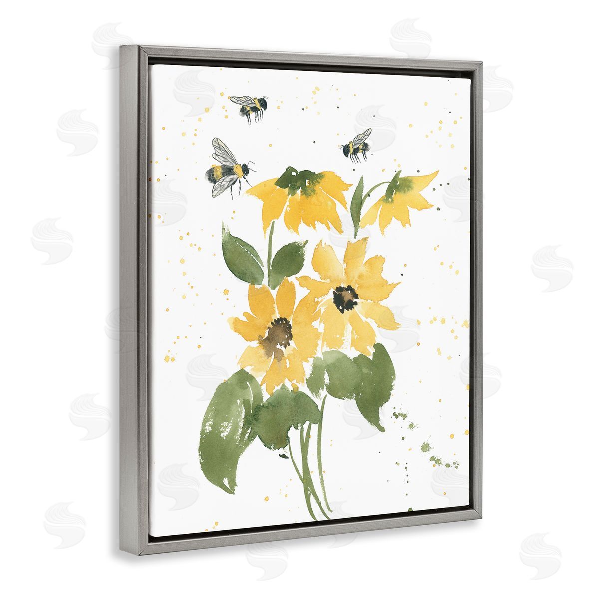 Bumble Bees and Daisies Grey Floating Frame Canvas Wall Art, Home Decor by Lucille Price