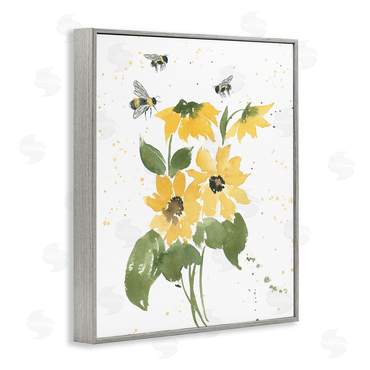 Bumble Bees and Daisies Grey Frame Print Wall Art, Home Decor by Lucille Price