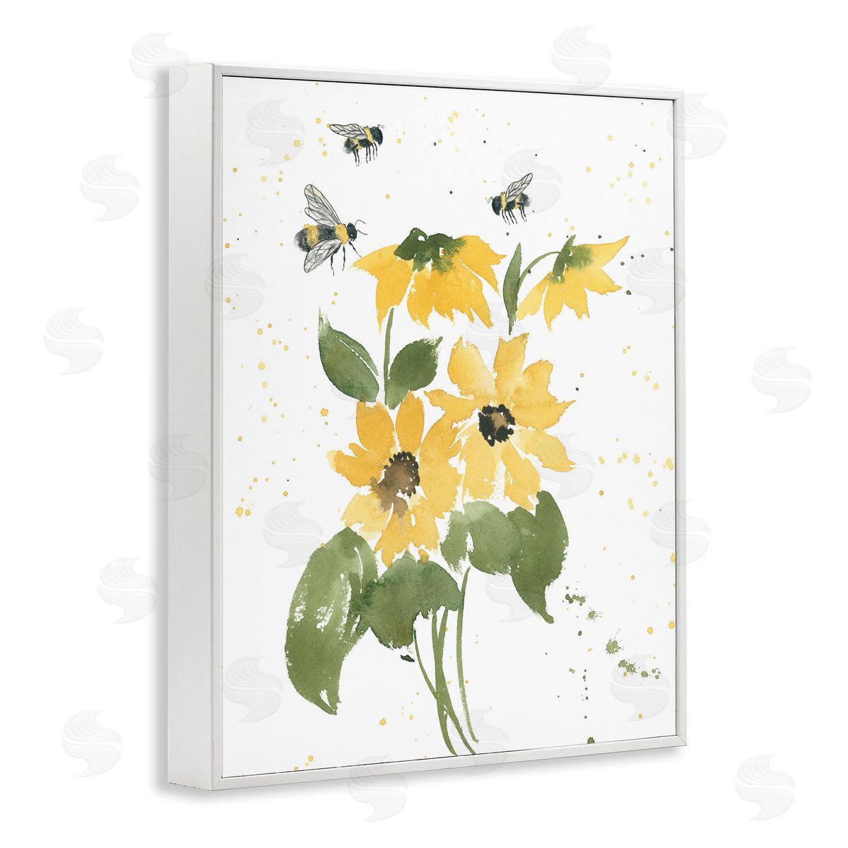 Bumble Bees and Daisies White Frame Print Wall Art, Home Decor by Lucille Price