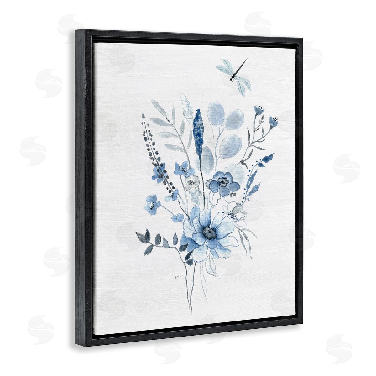 Soft Blue Wildflowers Black Floating Frame Canvas Wall Art, Home Decor by Janet Tava