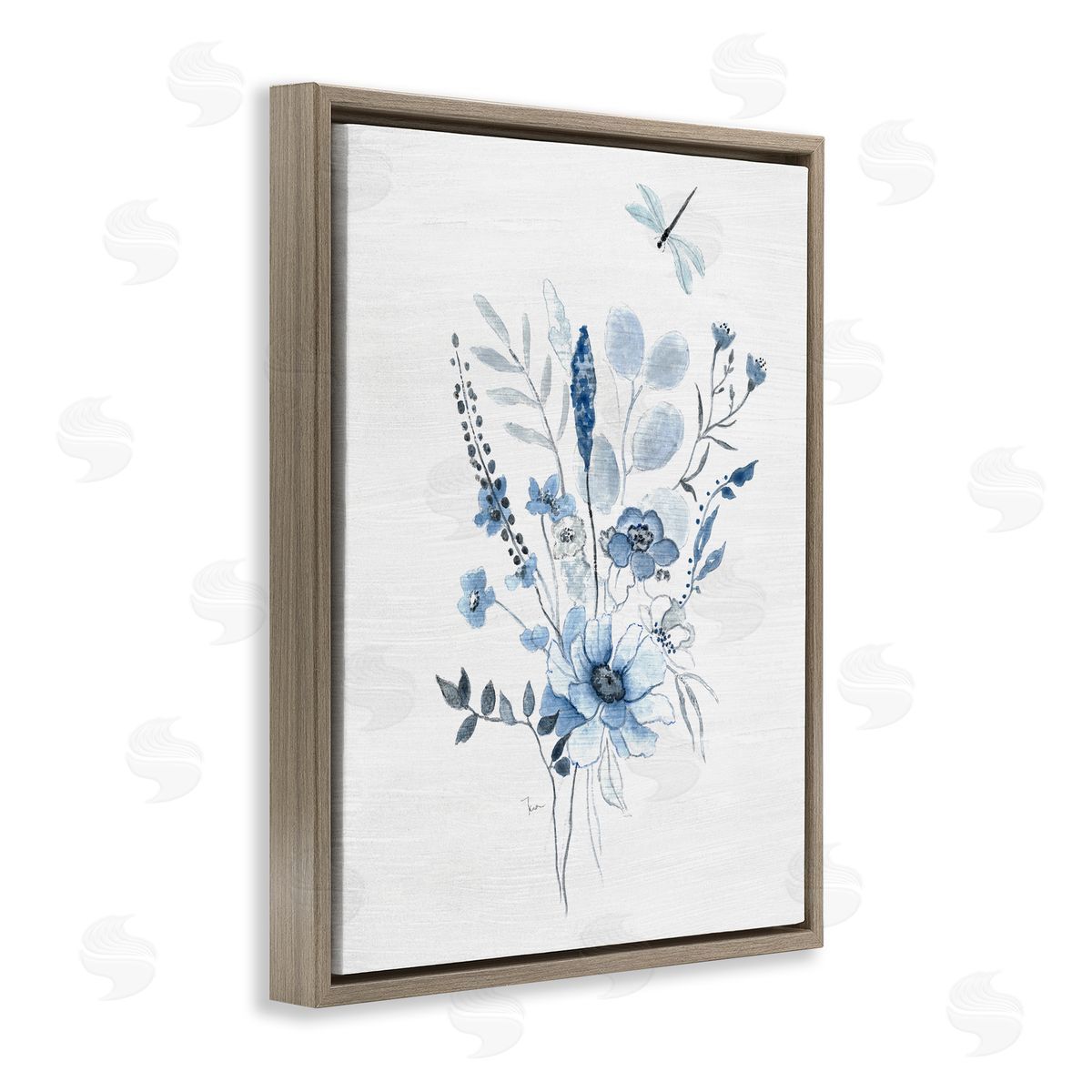 Soft Blue Wildflowers Brown Floating Frame Canvas Wall Art, Home Decor by Janet Tava