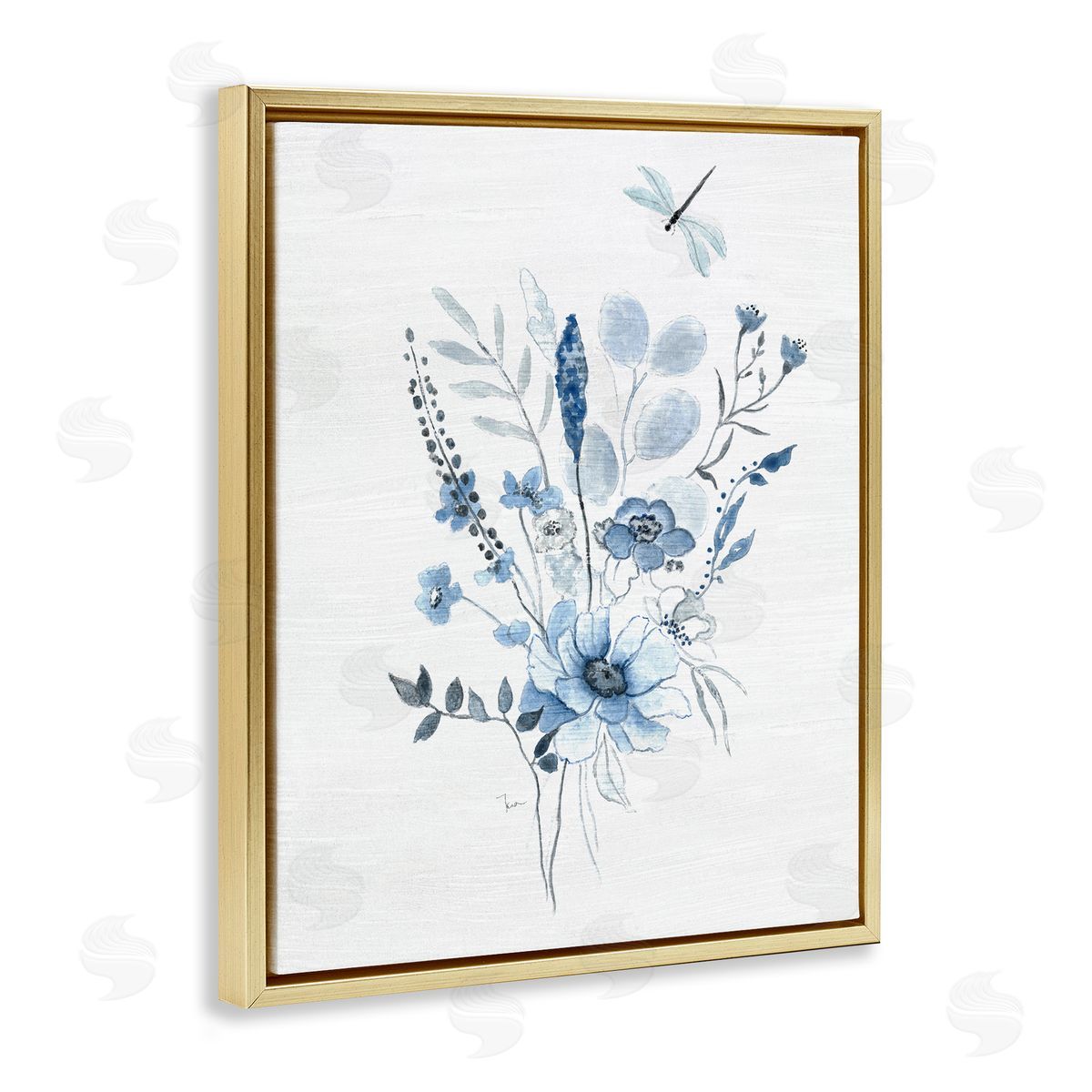 Soft Blue Wildflowers Gold Floating Frame Canvas Wall Art, Home Decor by Janet Tava