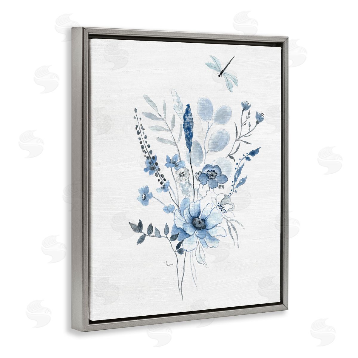 Soft Blue Wildflowers Grey Floating Frame Canvas Wall Art, Home Decor by Janet Tava