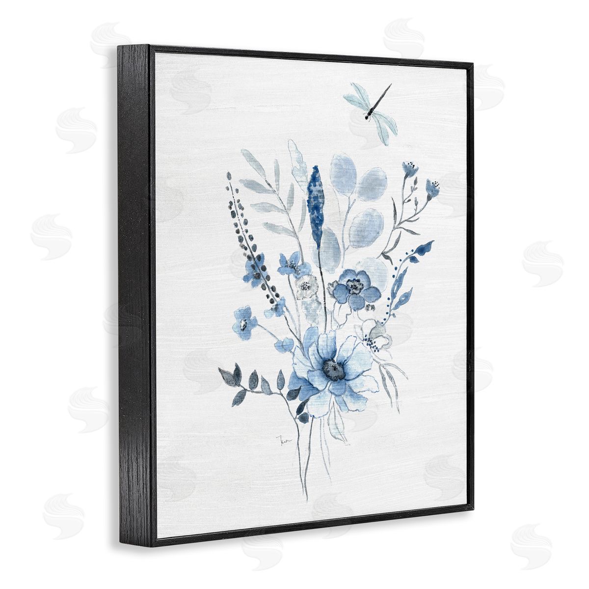 Soft Blue Wildflowers Black Frame Print Wall Art, Home Decor by Janet Tava