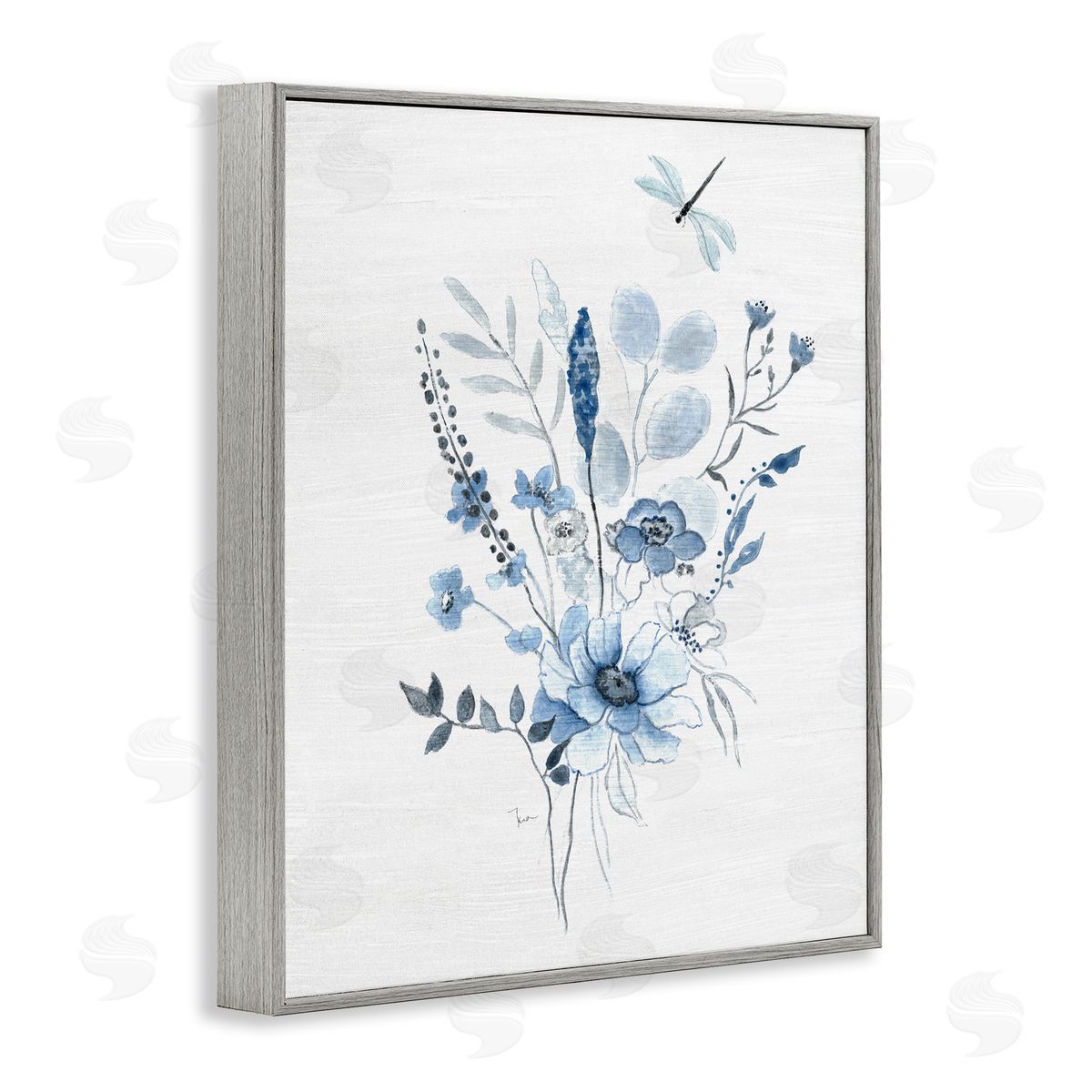 Soft Blue Wildflowers Grey Frame Print Wall Art, Home Decor by Janet Tava