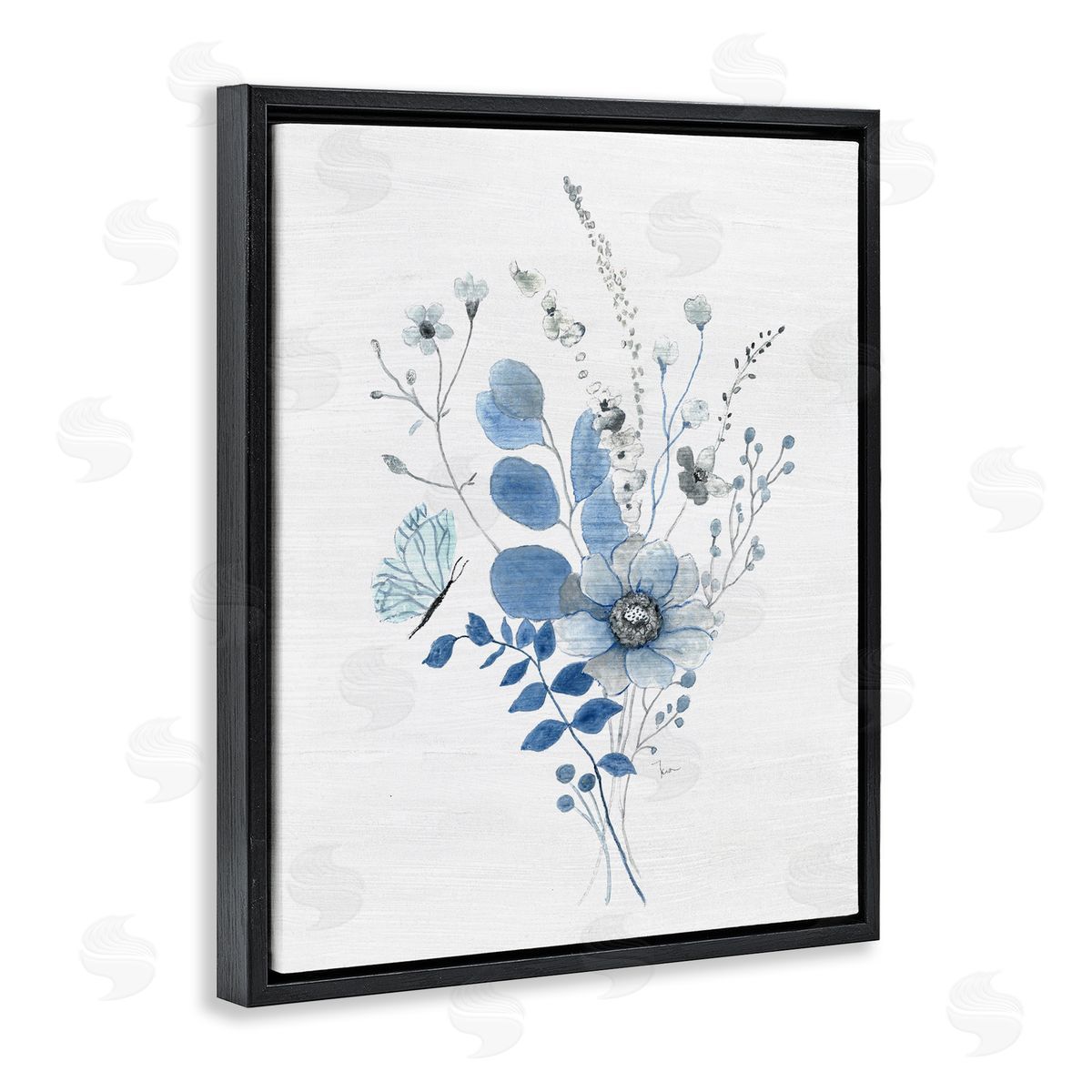 Subtle Blue Wildflowers Black Floating Frame Canvas Wall Art, Home Decor by Janet Tava