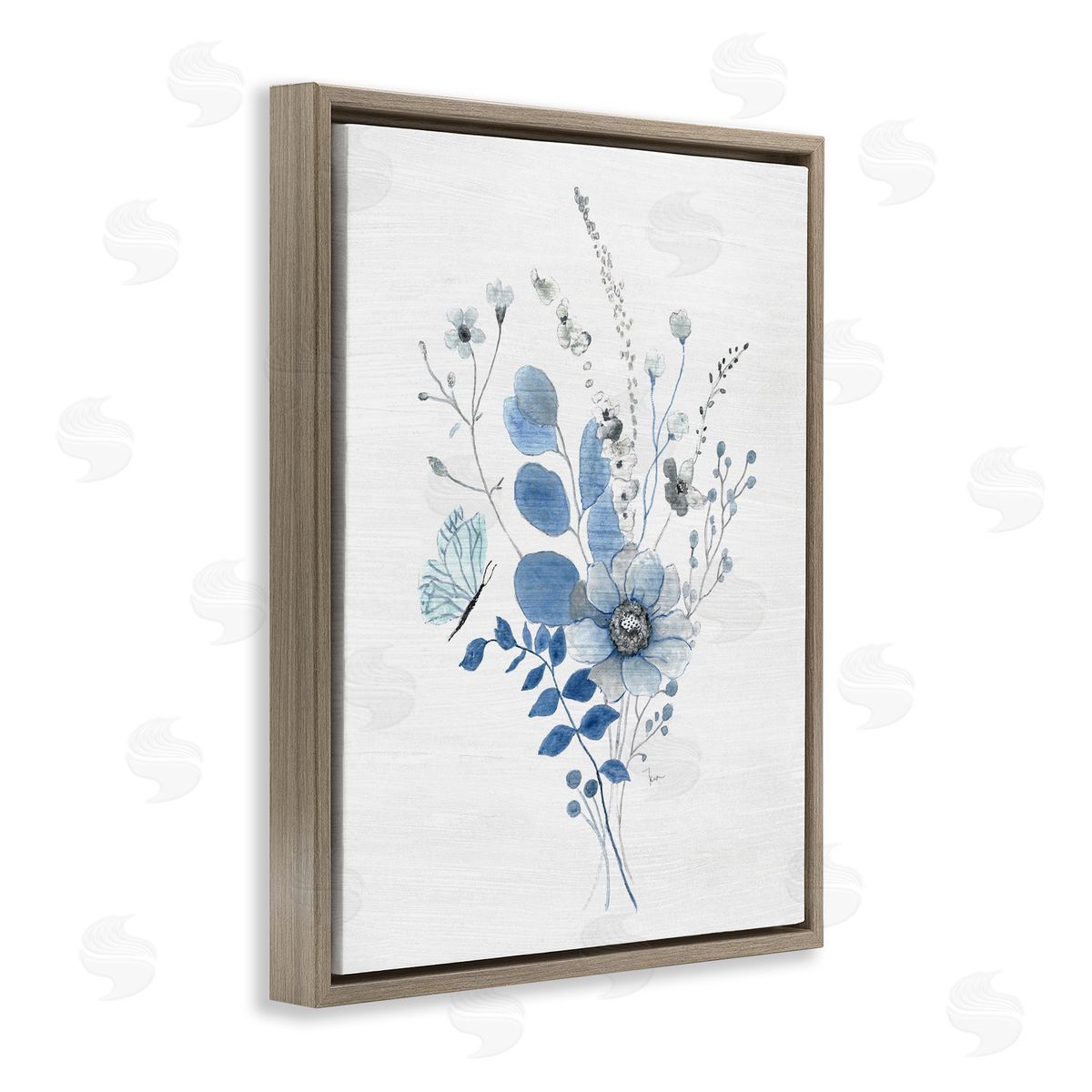 Subtle Blue Wildflowers Brown Floating Frame Canvas Wall Art, Home Decor by Janet Tava