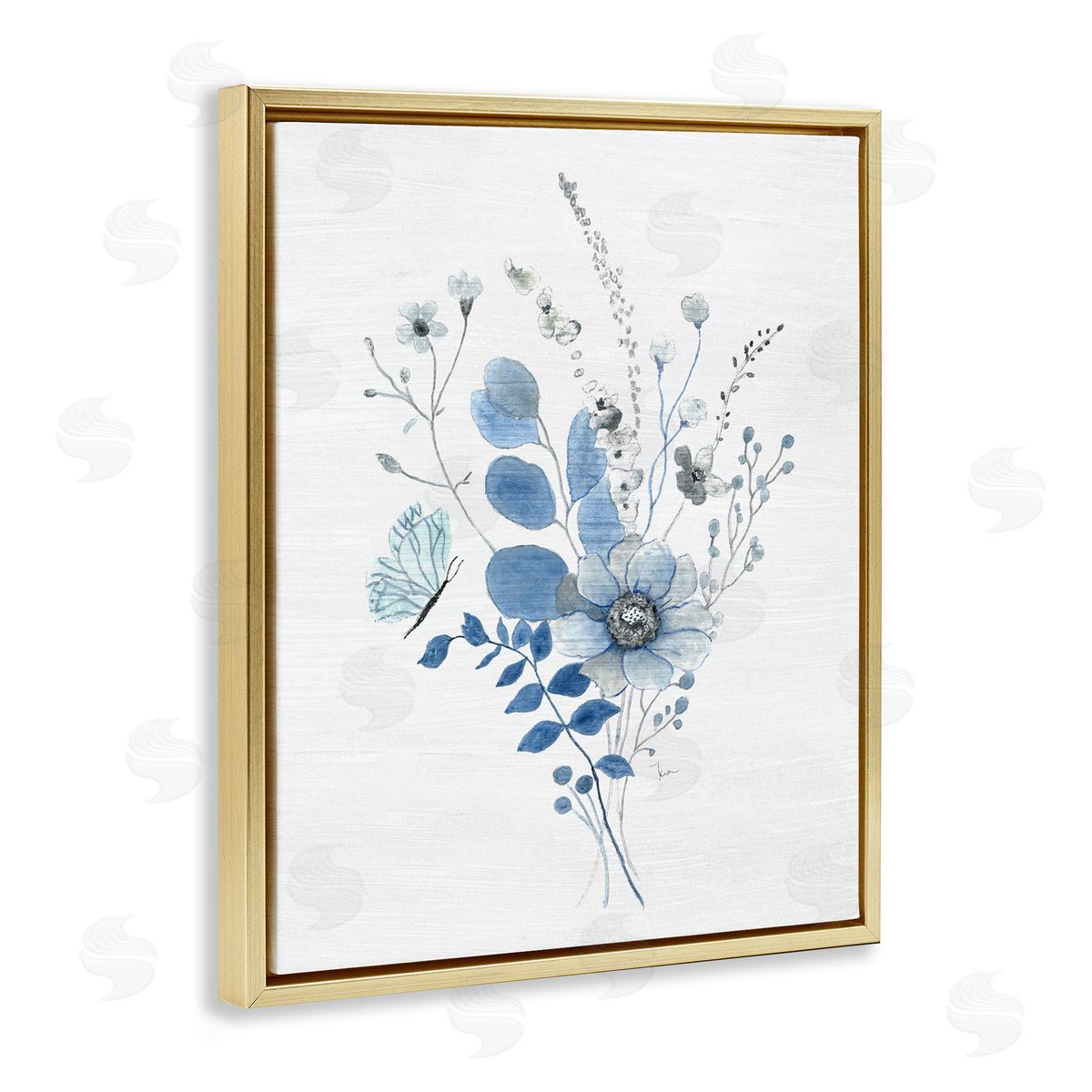 Subtle Blue Wildflowers Gold Floating Frame Canvas Wall Art, Home Decor by Janet Tava