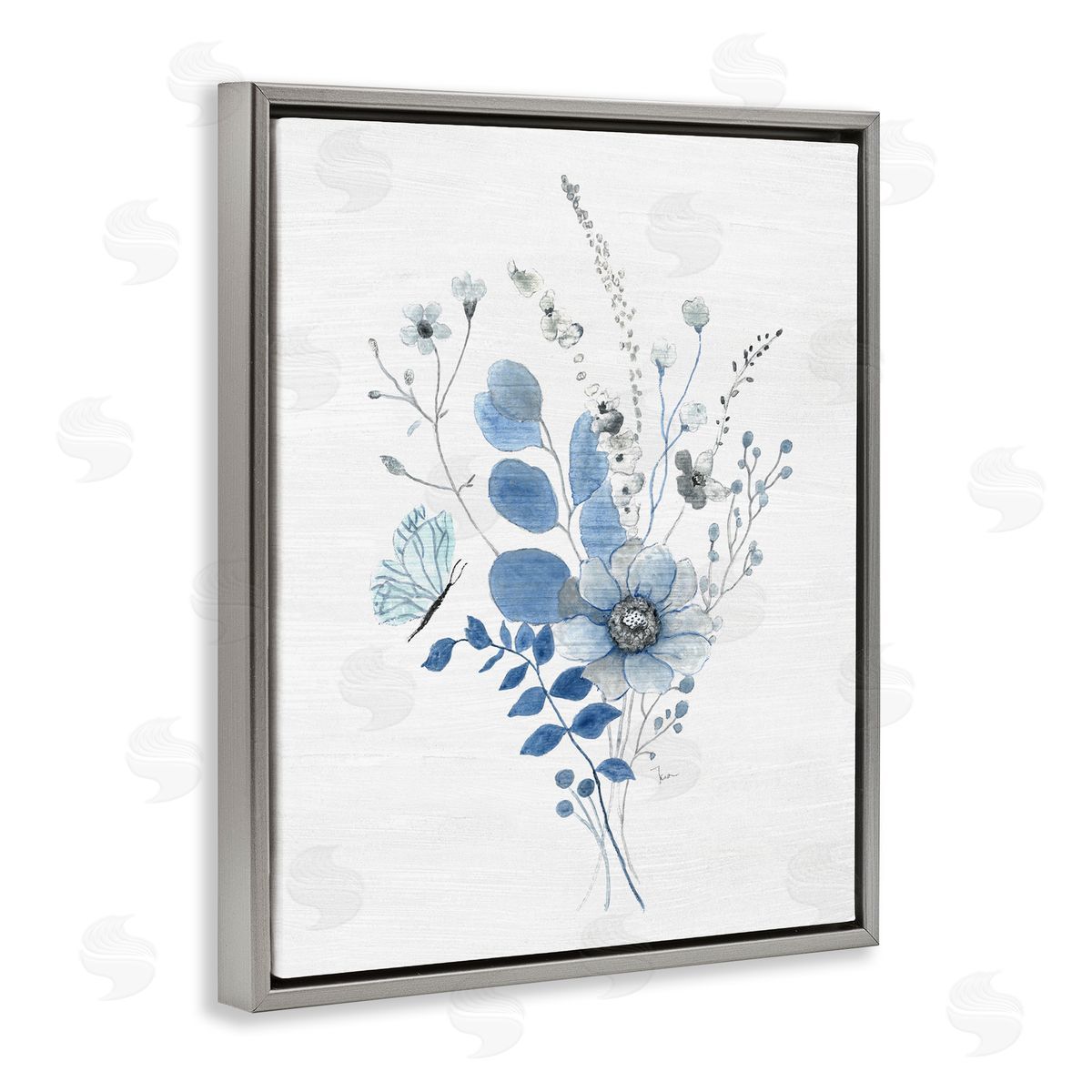 Subtle Blue Wildflowers Grey Floating Frame Canvas Wall Art, Home Decor by Janet Tava