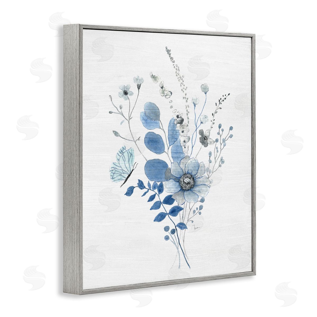 Subtle Blue Wildflowers Grey Frame Print Wall Art, Home Decor by Janet Tava