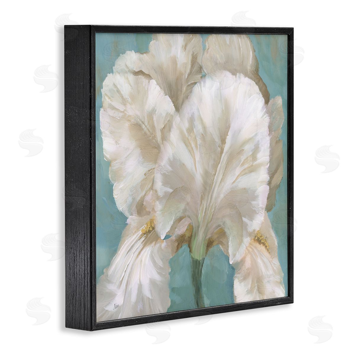 White Iris on Blue Black Frame Print Wall Art, Home Decor by Nan