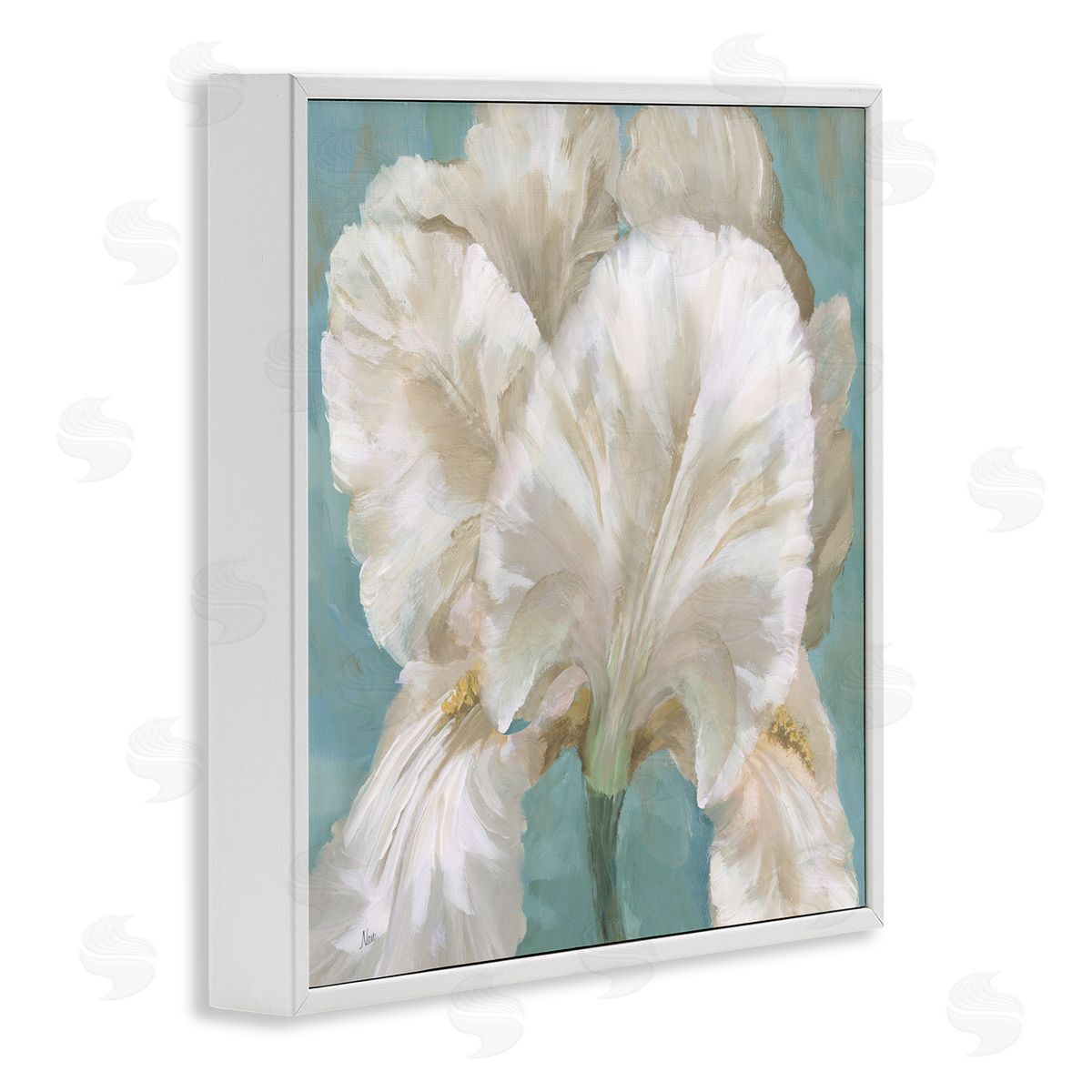 White Iris on Blue White Frame Print Wall Art, Home Decor by Nan