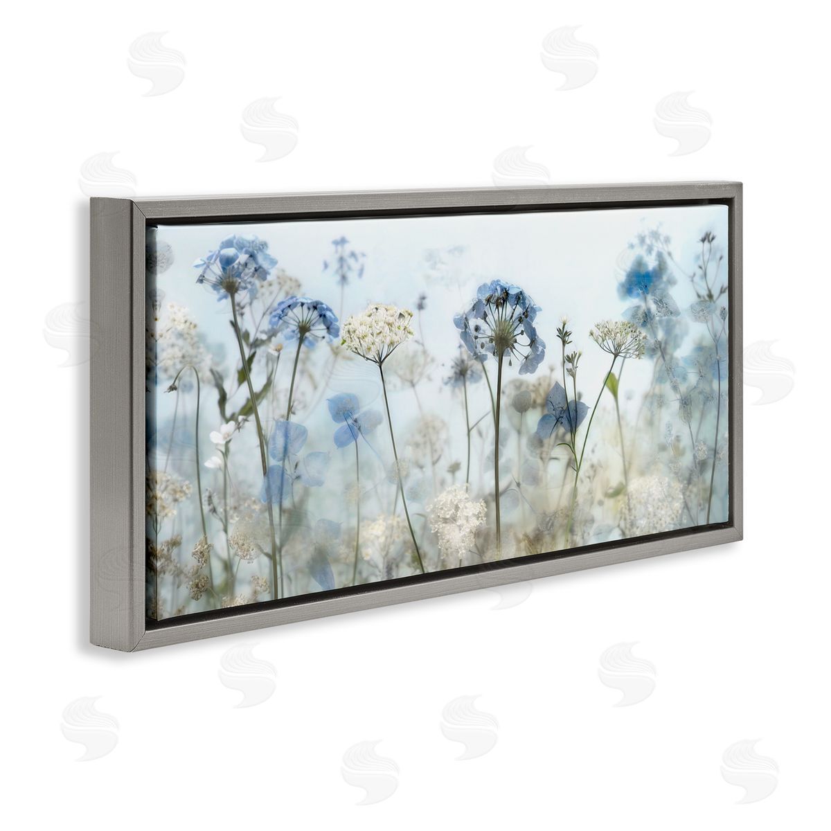 Blue Wildflower Blooms Grey Floating Frame Canvas Wall Art, Home Decor by Irene Weisz